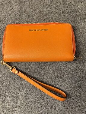 Michael Kors Orange Saffiano Zip Wristlet Wallet